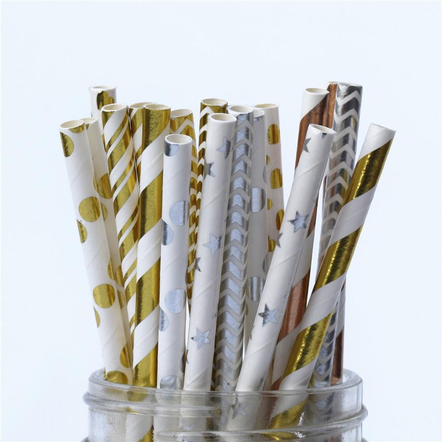25pcs Metallic Gold heart star Foil Stripe Paper Straws Silver chevron Wedding Party Decor