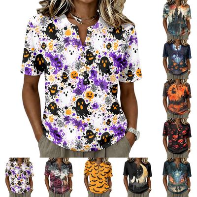 Женская футболка-henley с коротким рукавом, на пуговицах, повседневная, свободного кроя, смесовая ткань хлопок-лен, топ с графическим принтом на Хэллоуин