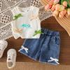 Girls' Fashionable Outfit - Summer Children's Simple T-shirt, Bow Tie Denim Shorts Set