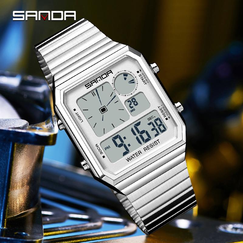 SANDA SD6399 Luxury Men's Electronic Watch Dual Time Waterproof Shockproof Casual Sport Wristwatches