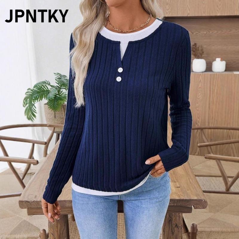 Женские модные повседневные блузки и рубашки JPNTKY с круглым вырезом и длинным рукавом