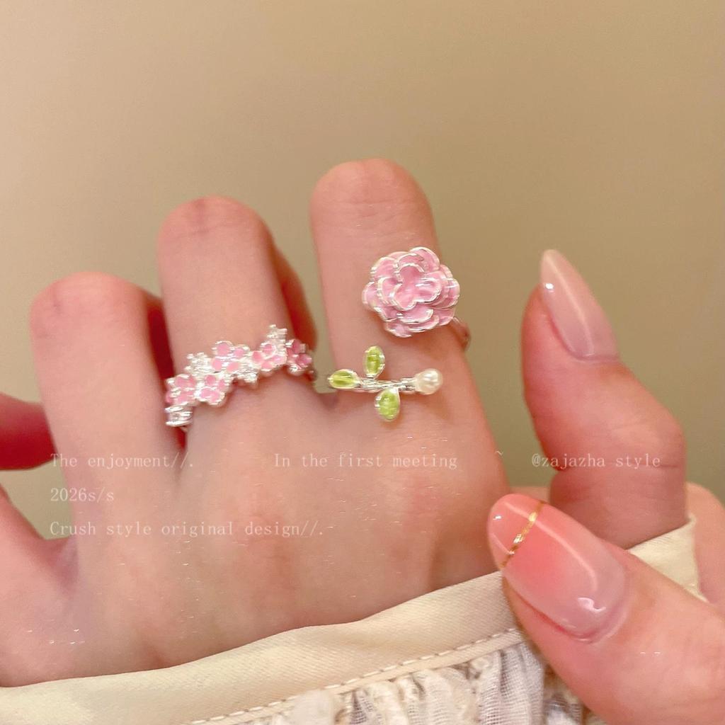 Cream Sweet Girl Pink Camellia Zircon Stackable Ring for Women, Sweet Spring Niche Exotic Versatile Daily Finger Jewelry