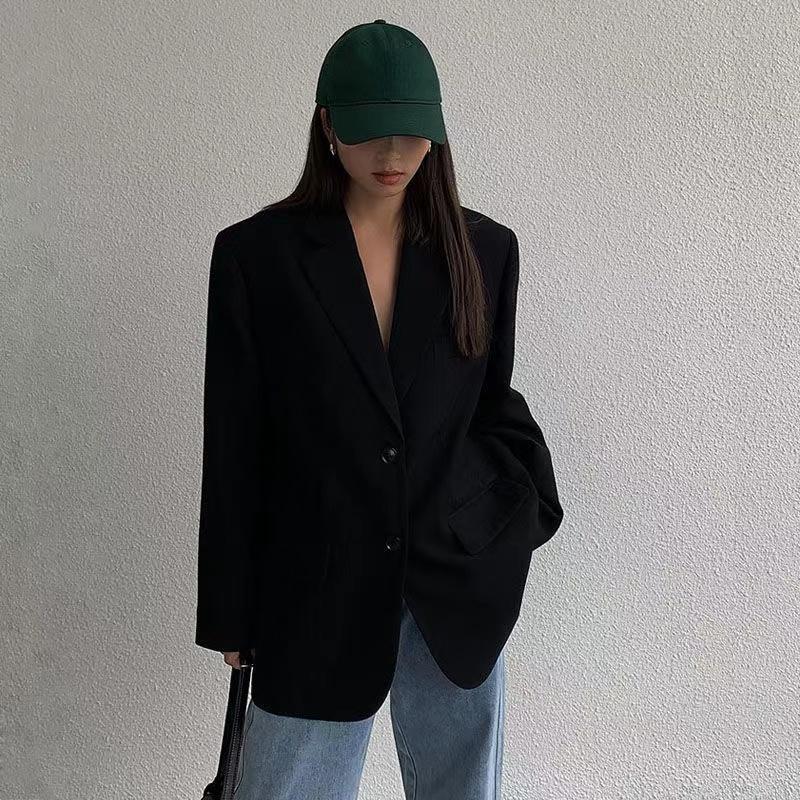 Весна Осень Новое Корейское Свободное Ретро Повседневное Пальто Женский Костюм Черный Тонкий