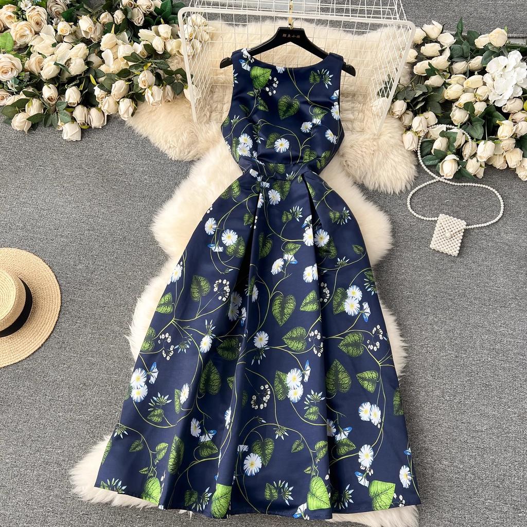 Summer Fashion Flower Vest Midi Dress Women's Sleeveless O-Neck Tank Floral Print Slim A Line Ball GownWomen Dresses