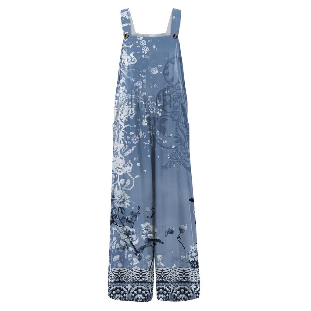 Women's Fashion Casual Vintage Printed Sleeveless Button Down Jumpsuit