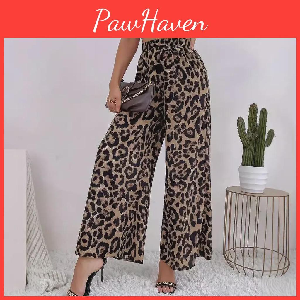 American Classic European Womens Leopard Print Wideleg Elastic Waist Pants