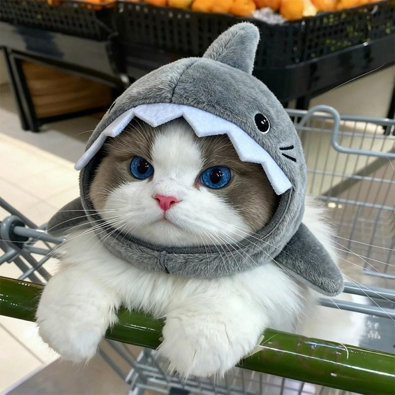 Наряды для котят Регулируемый шлем-акула для кошки Теплая плюшевая мультяшная шапка для питомца Косплей Головной убор Милая мягкая теплая шапка для кошки Косплей Вечеринка