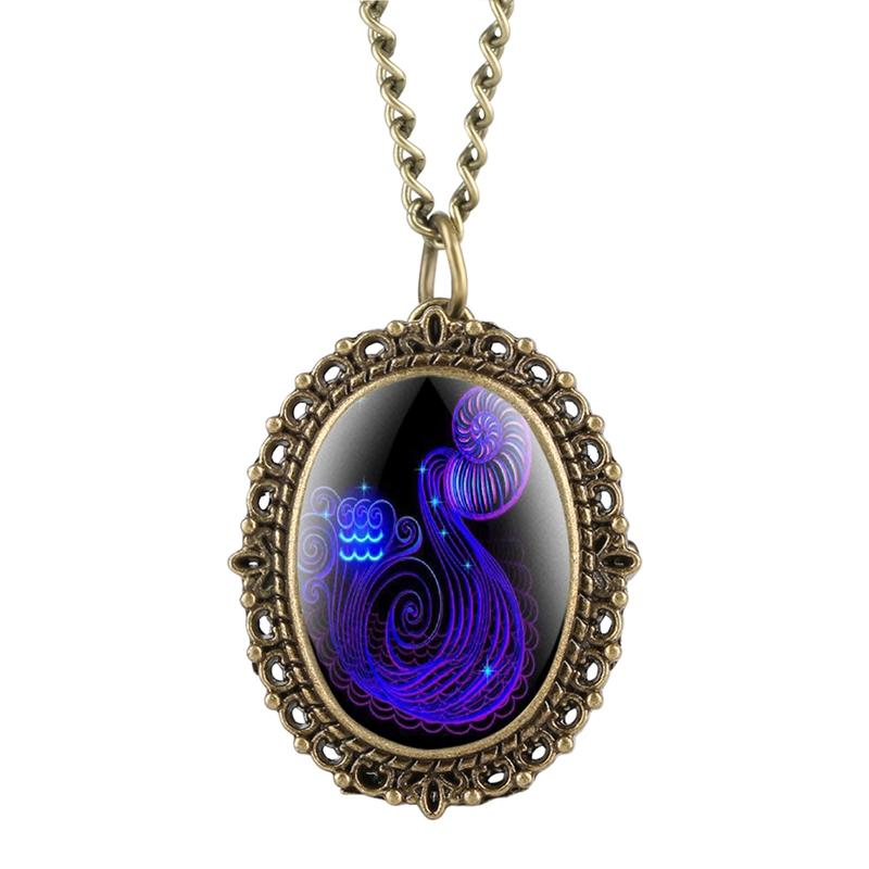 New 12 Constellation Astrology Oval Pocket Watch Unique Fluorescent Blue Zodiac Necklace Pendant Quartz Birthday Gift for Friend