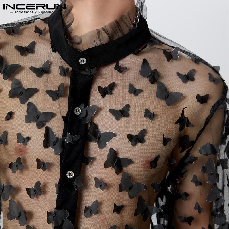 INCERUN Мужские сетчатые топы с воротником-стойкой, прозрачные, кружевные, короткие, сексуальные, футболки