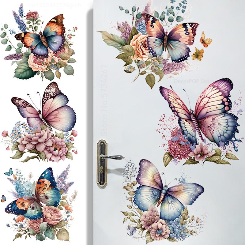 Наклейки на стену с бабочками и цветами, наклейки для туалета, ванной комнаты, двери, настенная роспись, домашний декор, самоклеящиеся обои