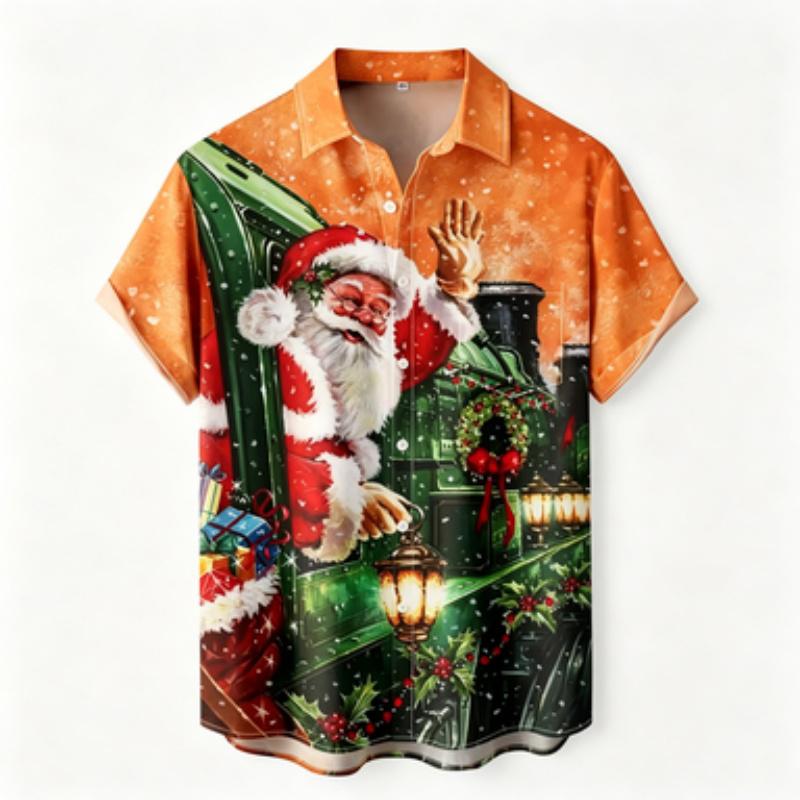 Men's short sleeved shirt Christmas train Santa Claus printed short sleeved shirt Business casual men's holiday painted printed