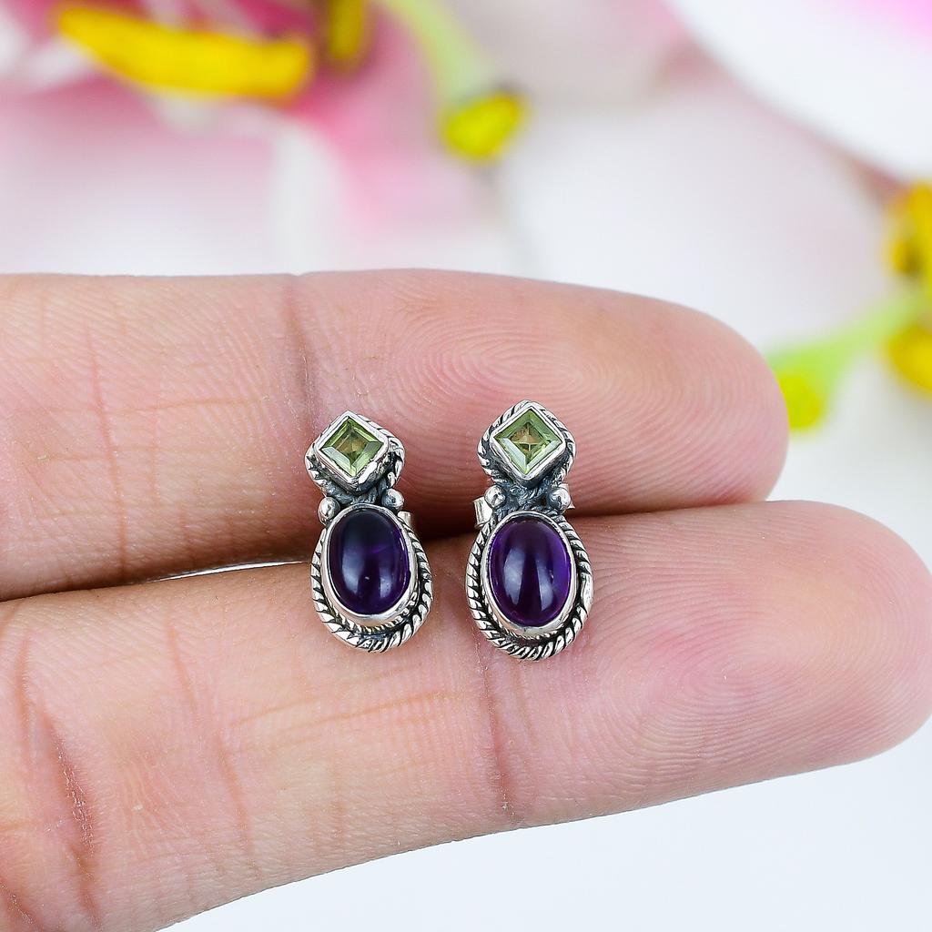 Natural Amethyst,Peridot 925 Solid Sterling Silver Gift Tops Earring .75" p1G80