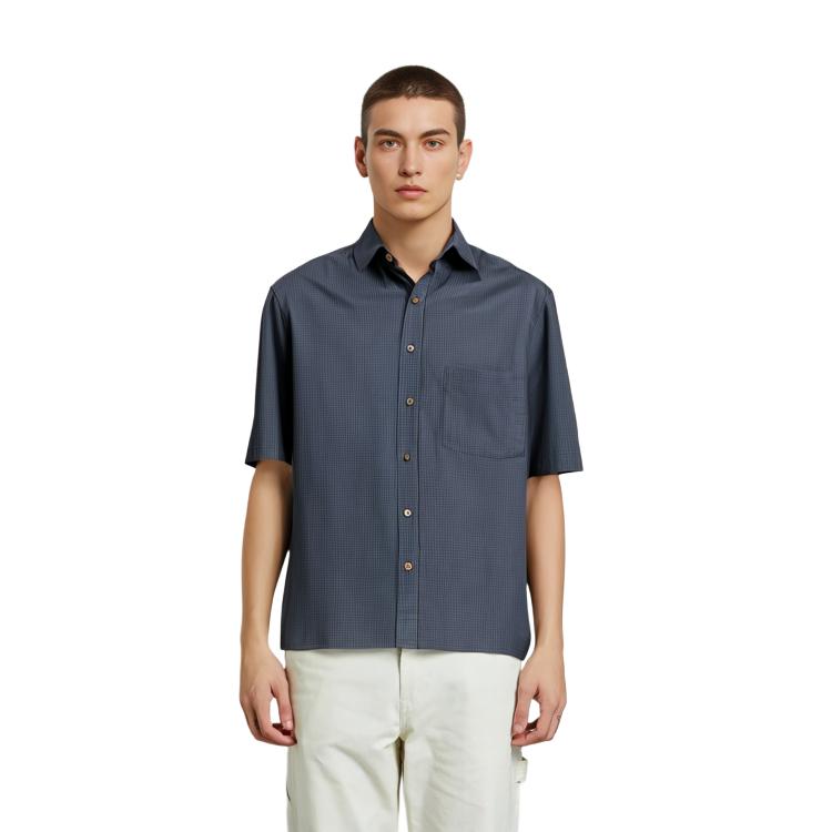 Uniqlo SS24 Серия U Клетчатая Свободная Рубашка на Пуговицах с Коротким Рукавом Мужские Рубашки Темно-синий 467845-69