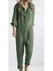 Green Casual Cotton Long Sleeve Jumpsuit with Turn-Down Collar and Pocket