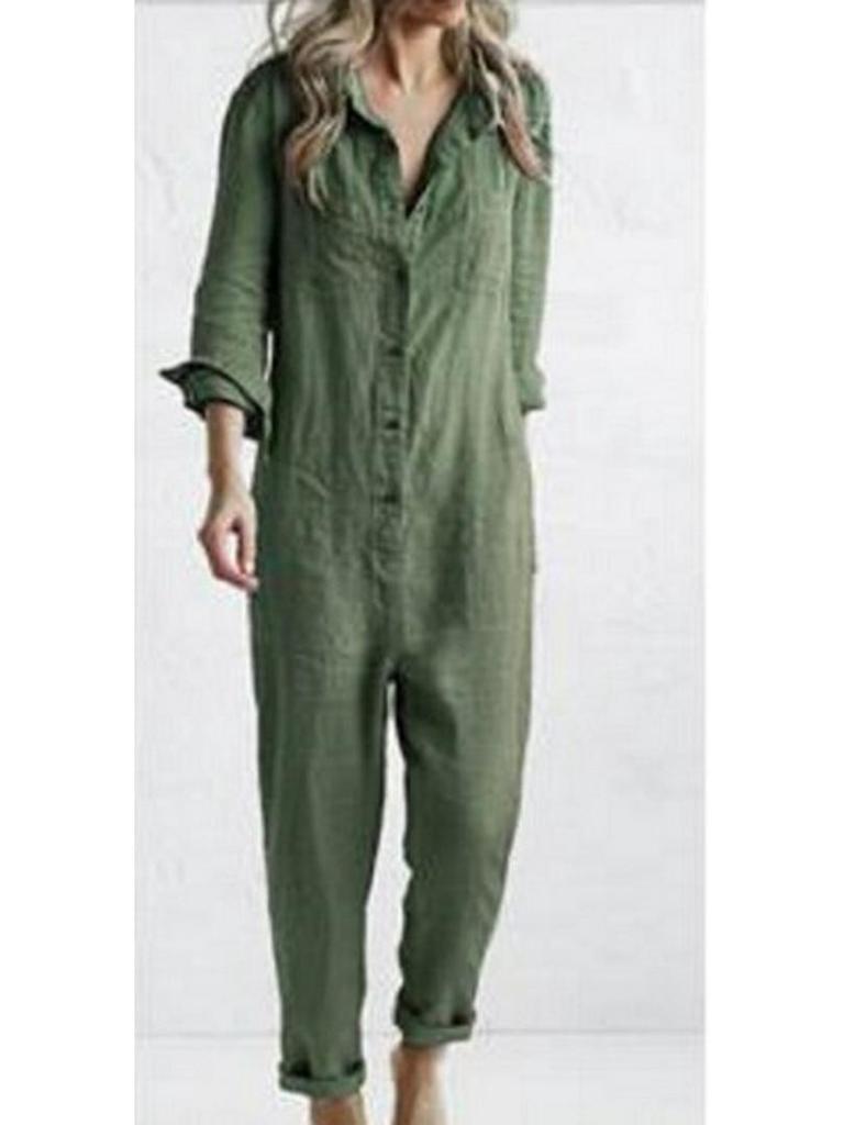 Green Casual Cotton Long Sleeve Jumpsuit with Turn-Down Collar and Pocket