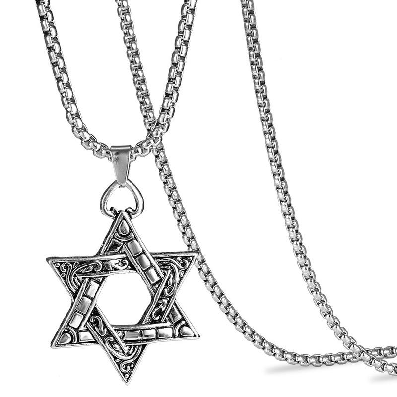 Ювелирные изделия из нержавеющей стали Титановая сталь Ожерелье Мужское Ретро Двусторонний Кулон из сплава в виде шестиконечной звезды Личность Хип-хоп Аксессуары