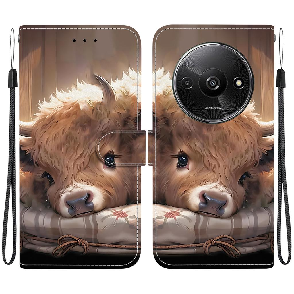 Handmade PU Leather Flip Case for Xiaomi Redmi A3 Anti-Slip Shockproof Cover with Wrist Strap & Heart/Rose Cat Designs