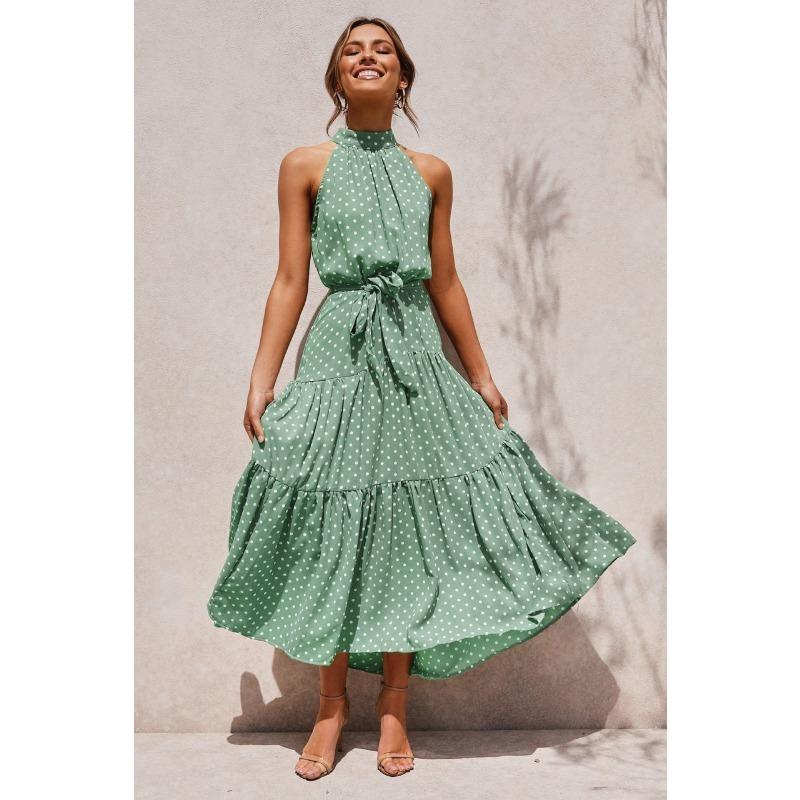 Женское длинное платье с воротником-стойкой и принтом в горошек