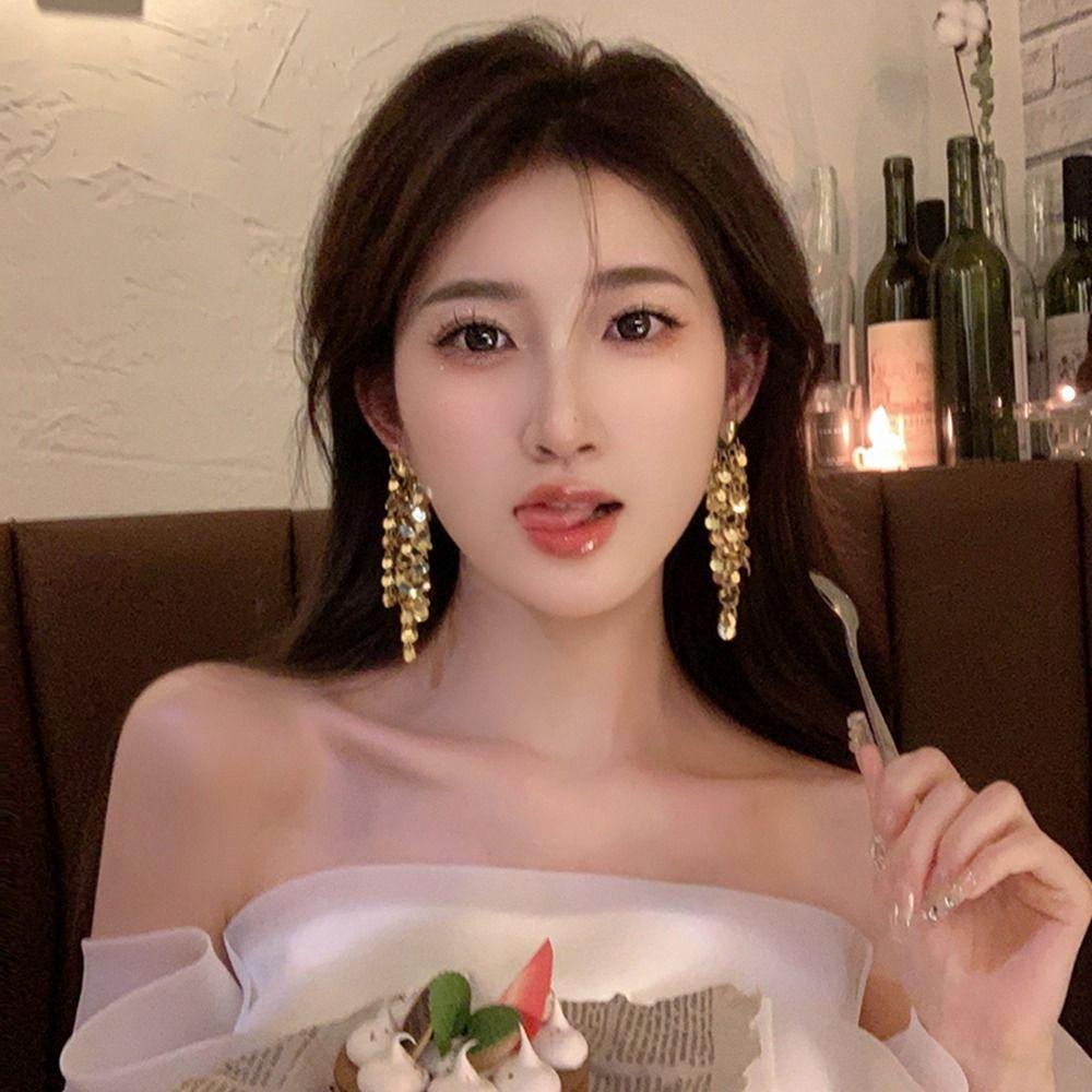 Bling Bling Metal Sequin Earrings Zinc Zinc Alloy Gold Earrings Temperament Long Tassel Dangle Earrings  Girl