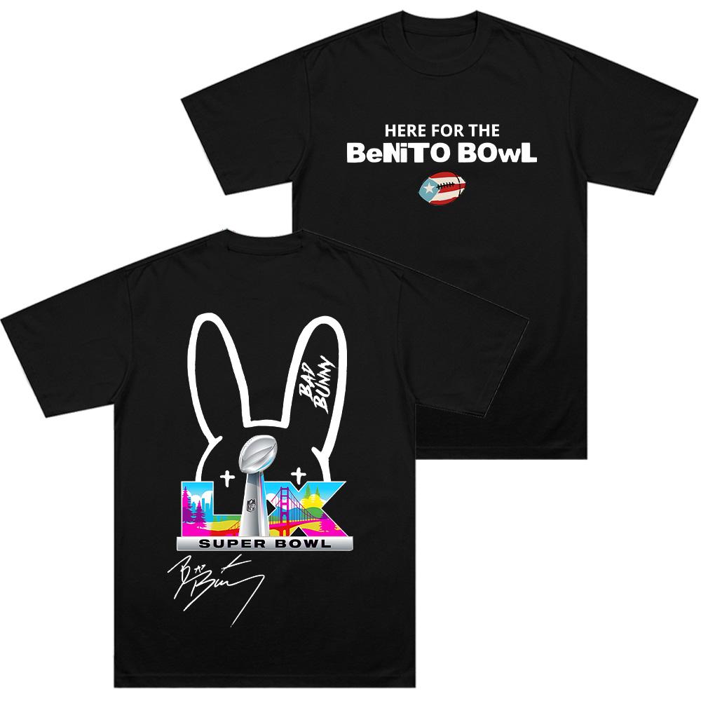Bad Bunny Супербоул LX Здесь для Benito Bowl Фирменные футболки Унисекс Графические Хлопок Круглый вырез Короткий рукав Топы