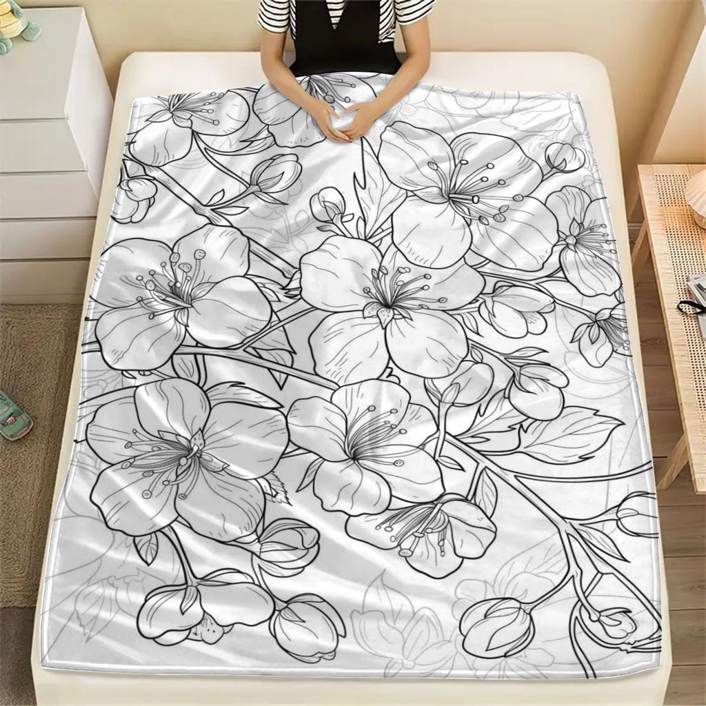 Creative Colorable Japanese Cherry Blossom Hand Drawn Line Art Soft Skin Friendly Flannel Throw Blanket Relaxing Nap for Home Bed Thanksgiving Hallowe