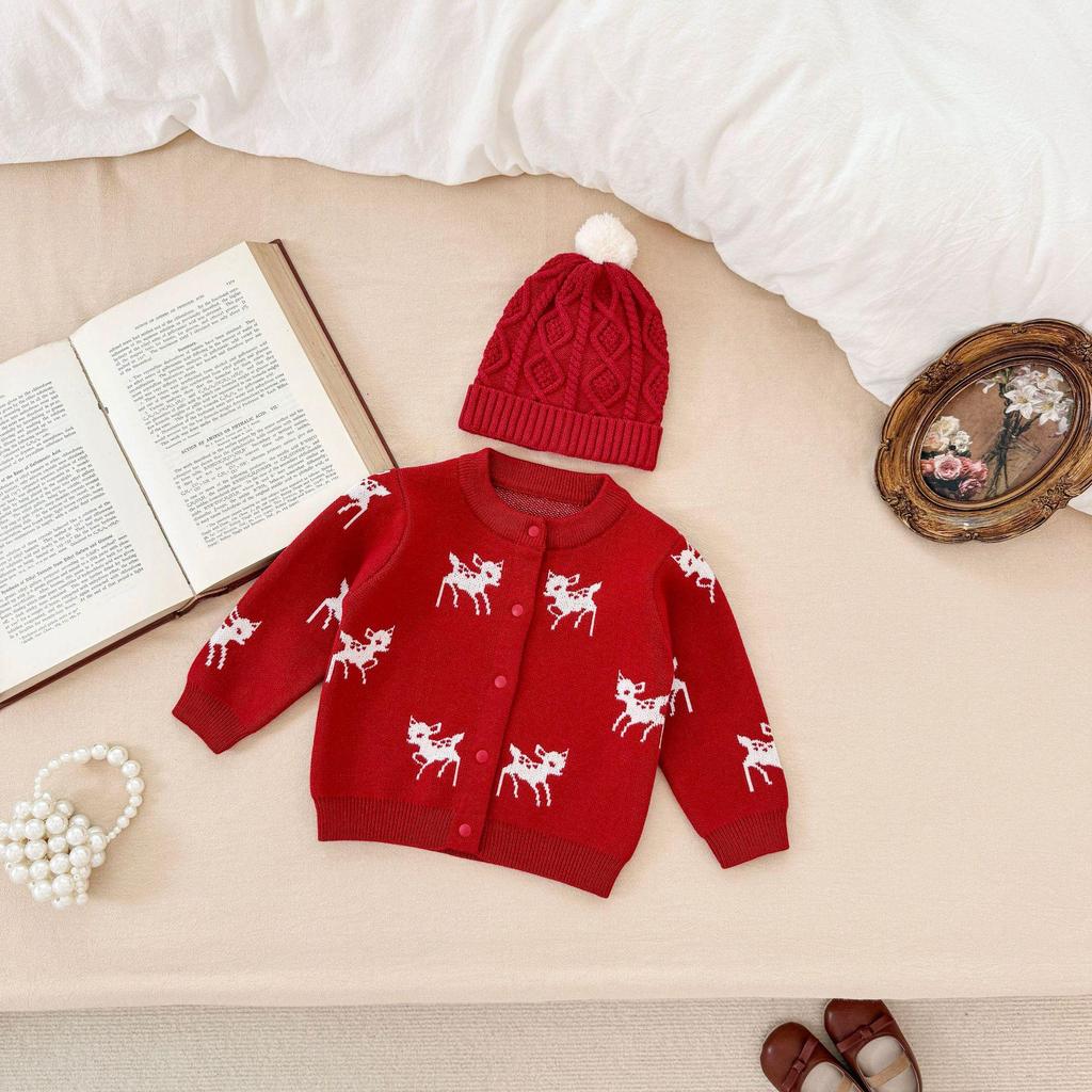 Комплект вязаного жаккардового ромпера и кардигана с оленями для младенцев, для мальчиков и девочек - Осень/Зима