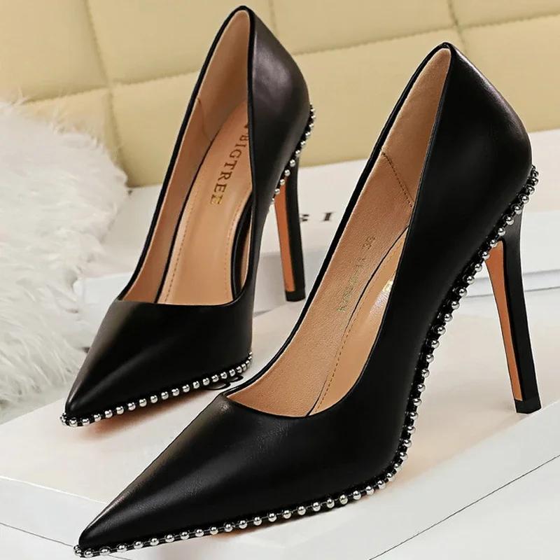 Fashion BIGTREE Shoes Rivet Woman Pumps 2024 New High Heels Stiletto Pu Leather Women Heels Sexy Party Shoes Female Heel Plus Size 43