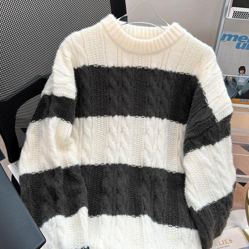 Мужской свободный повседневный полосатый вязаный свитер - японский модный стиль TikTok для старшеклассников