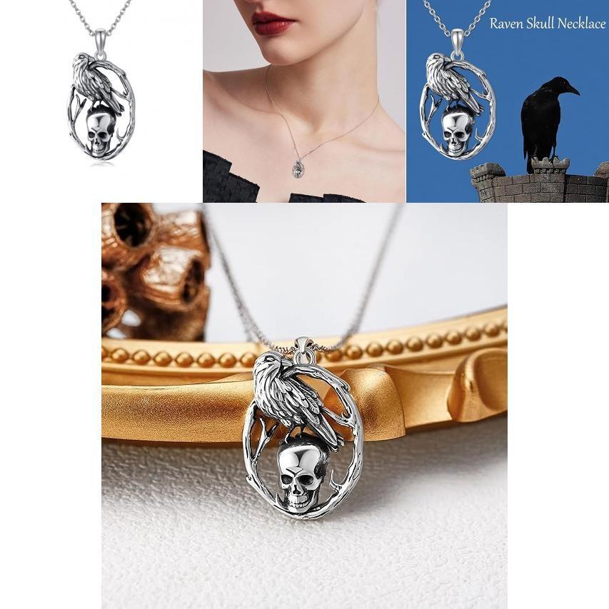 Retro Skull Pendant Necklace In Geometric Shape With Crow Shape Design For Fashion Lovers
