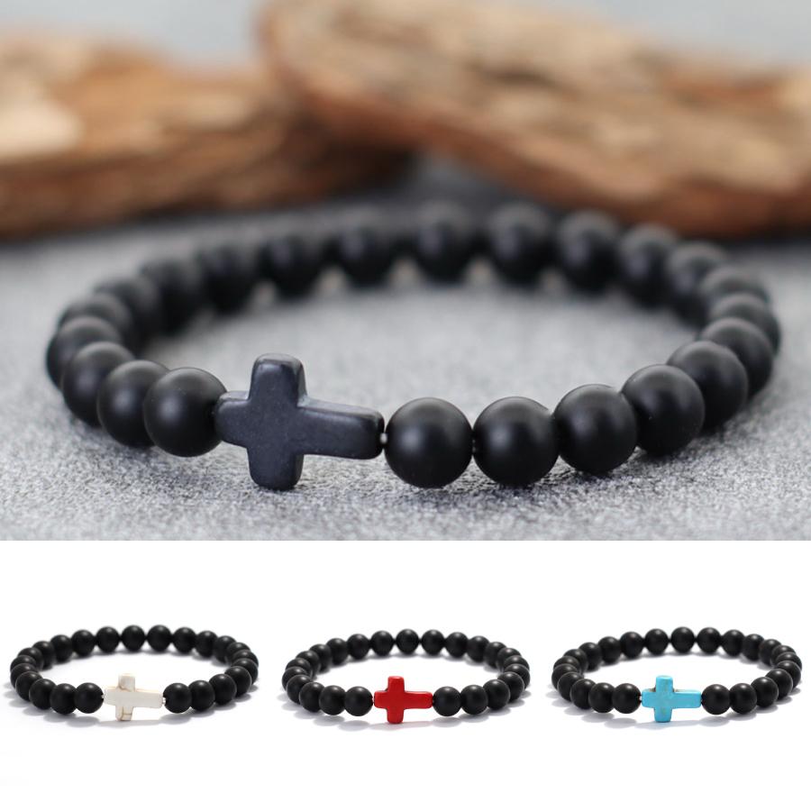 Bohemian Cross Bracelet For Men 8mm Onyx Stone Strand Braslet Beach Camping Casual Accessories Healing Prayer Meditation Pulsera