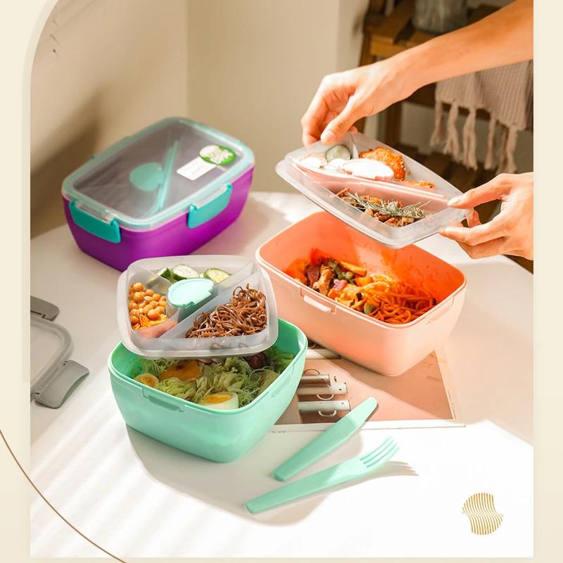 Double Layer Picnic Salad Lunch Box Compartment Bento Boxes with Tableware Carrying Handle Box Reusable Food Storage Containers