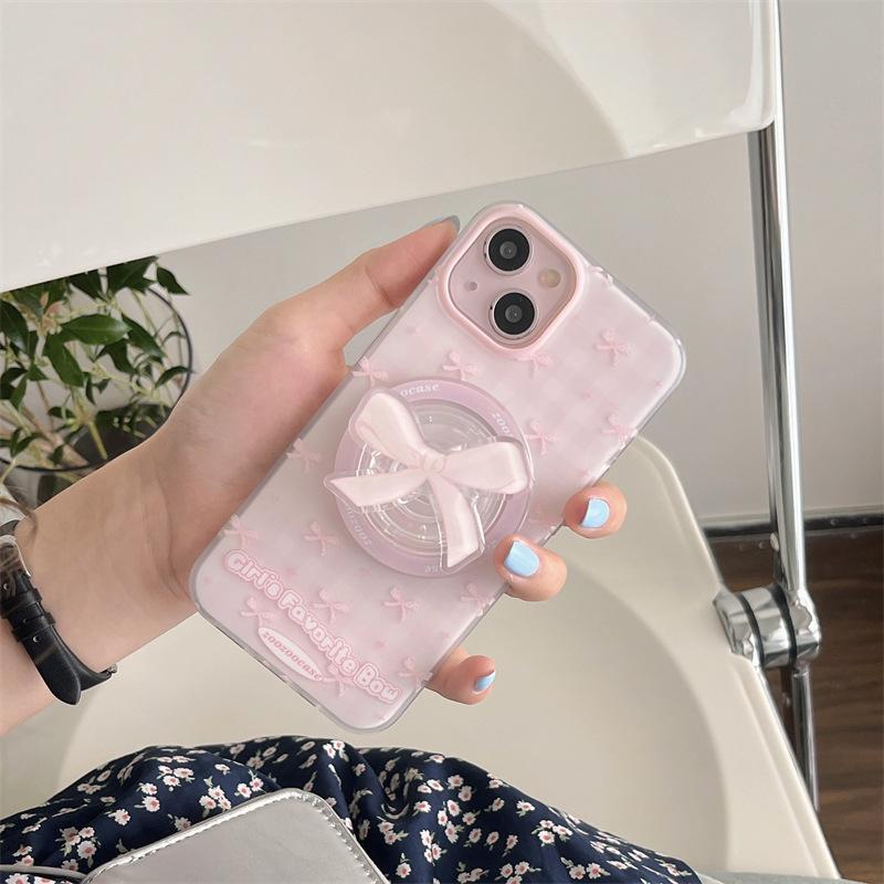 Pink Plaid Bow Magnetic Stand Compatible with iPhone 17 Pro Max Apple 16 Phone Case 15 Girl 14
