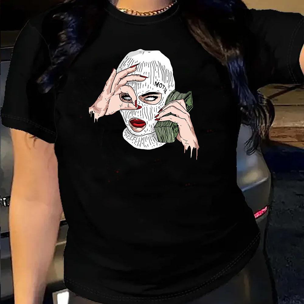 Поддельные доллары США Хлопковая футболка с коротким рукавом и круглым вырезом для женщин Топы с 2D-печатью