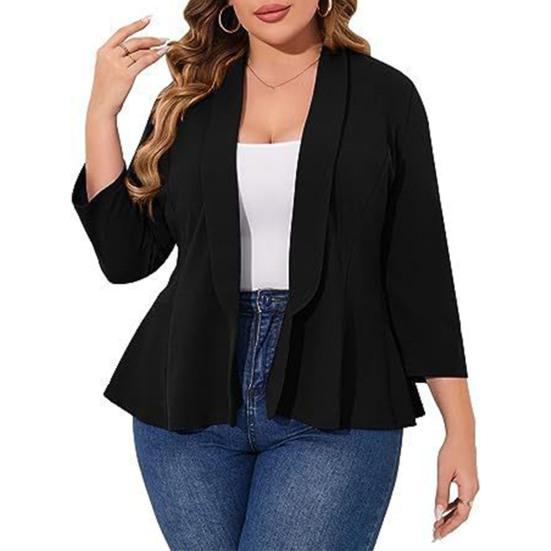 Plus Size Women Suit Coat Lapel Long Sleeve Ruffle Hem Open Front Suit Jacket Solid Color Versatile Business Outerwear