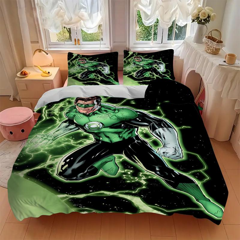 3Pcs Green Lantern Action Bedding Set Soft Fabric Duvet Cover Pillowcases Home Christmas Xmas Halloween Gift 1 Duvet Cover 2 Pillowcase G139