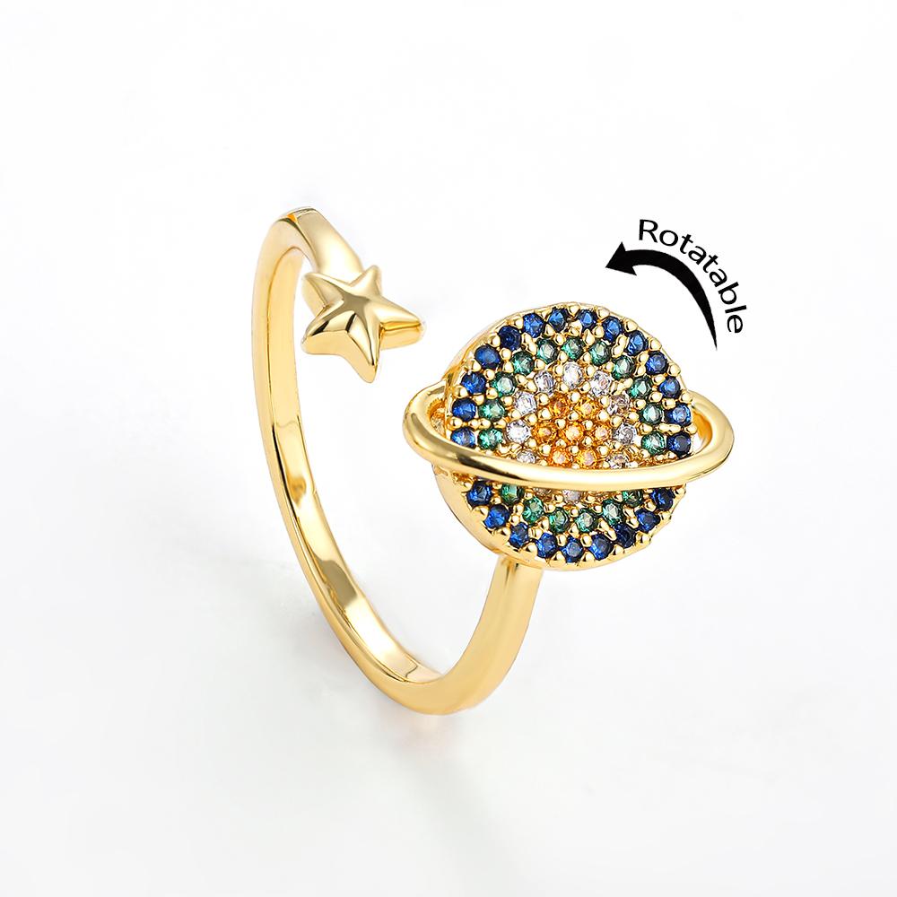 CZ Zircon Spinning Planet Anxiety Ring for Women Fidget Anti-stress Rotate Round Adjustable Open Rings Vintage Zircon Gift