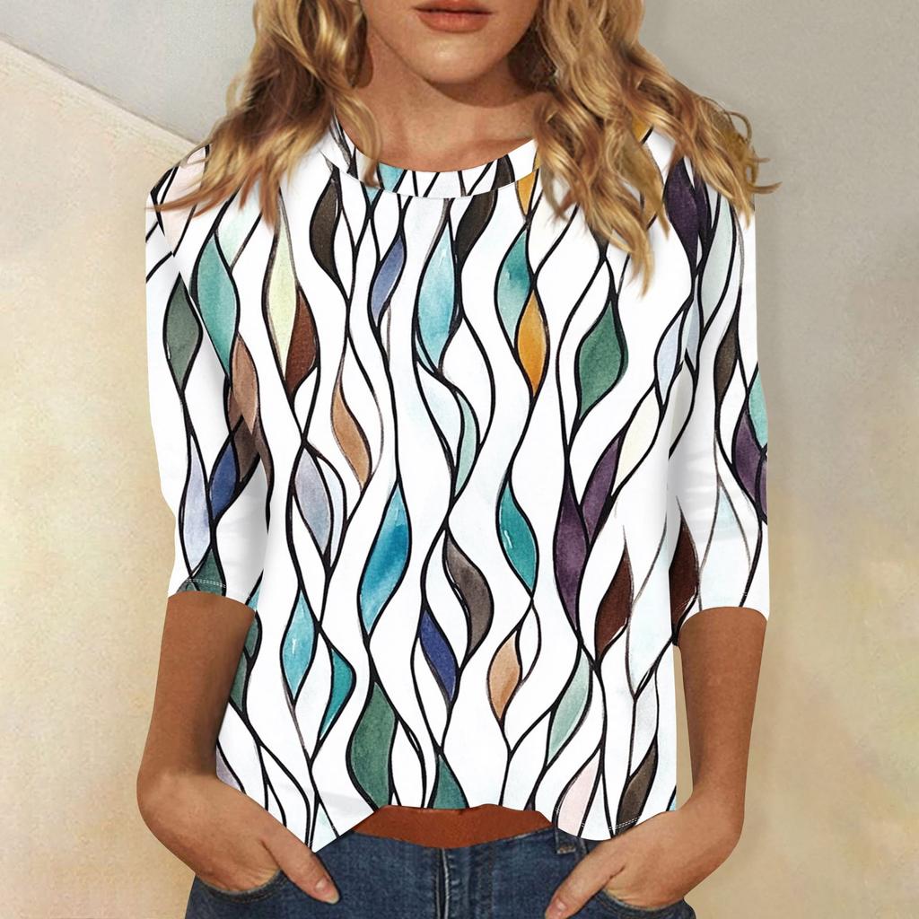 Women's Fashion Casual Three-quarter Sleeve Vintage Floral Print Round Neck Top