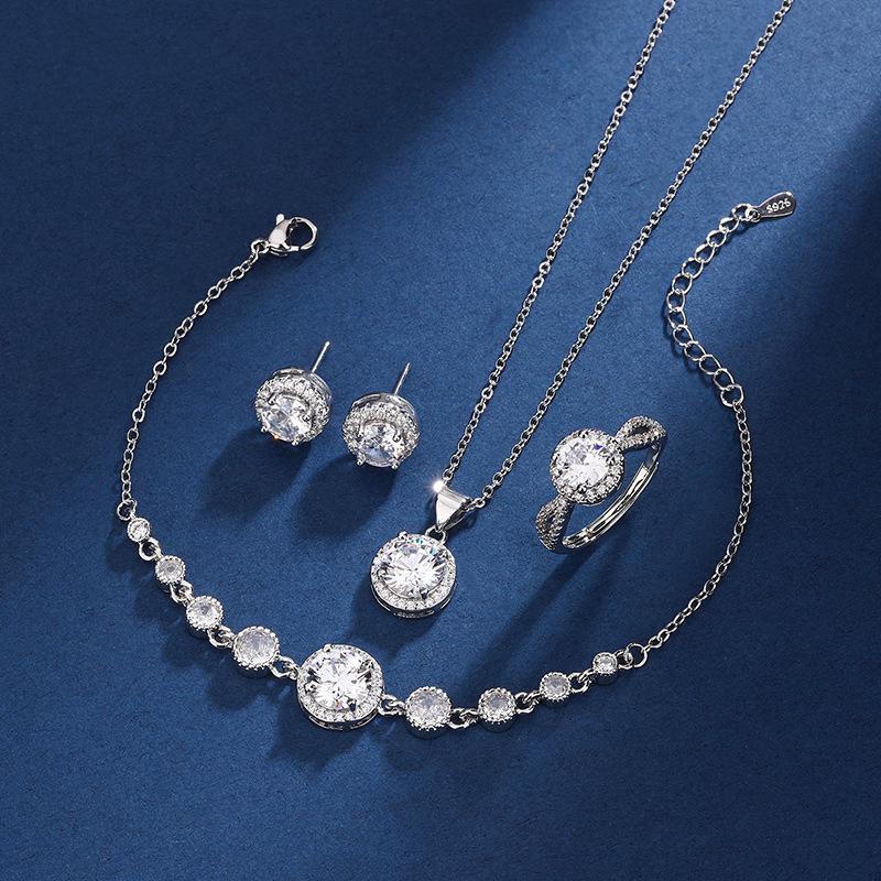 Simple Zircon Four-Piece Jewelry Set Premium Round Necklace Bracelet Earrings Ring Chic Minimalist Temperament