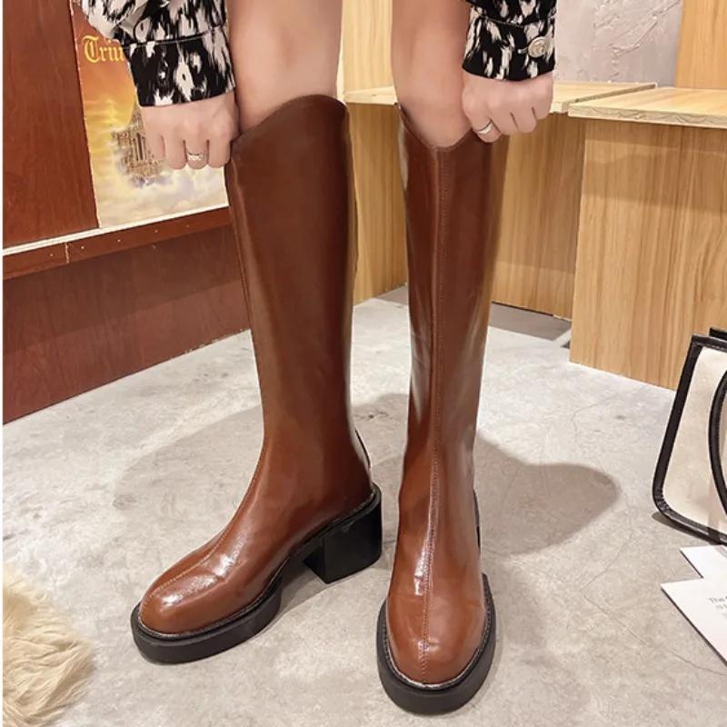 Fashion British Platform Leather Knee-high Boots for Women Fashion Increase Soft-soled Women's Shoes Designer Casual Knight Boots Female