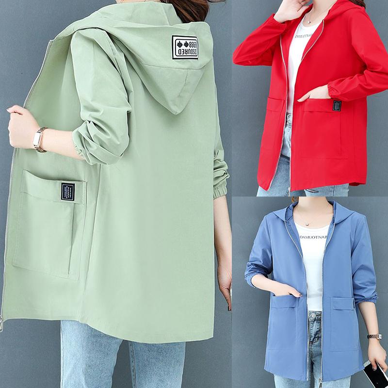 Однотонная куртка на молнии с капюшоном, женская ветровка с длинными рукавами, женское пальто на весну и осень, новая мода, свободная верхняя одежда с карманами