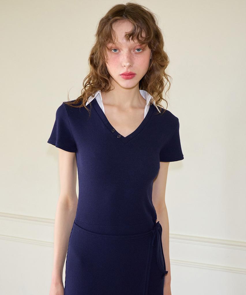 Salon De Yon Shirt Detail Long Wrap Dress_ Navy