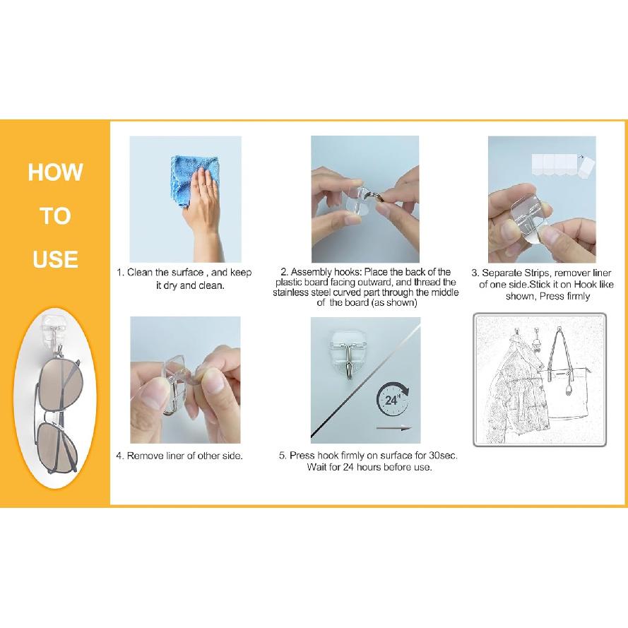 25 Small Hooks +30 Removable Strips, Clear Wire Hanger Hooks, Damage-Free Utility Hooks, Heavy Duty with Adhesive Strips, No Tools Wall Hook for