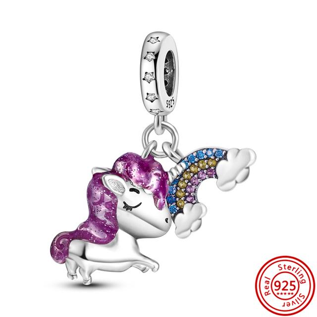 925 Серебро Радуга Солнце Облака Единорог День Рождения Торт Перья Крылья Бейсбольные Бусины Подходит Браслет Ювелирные Изделия