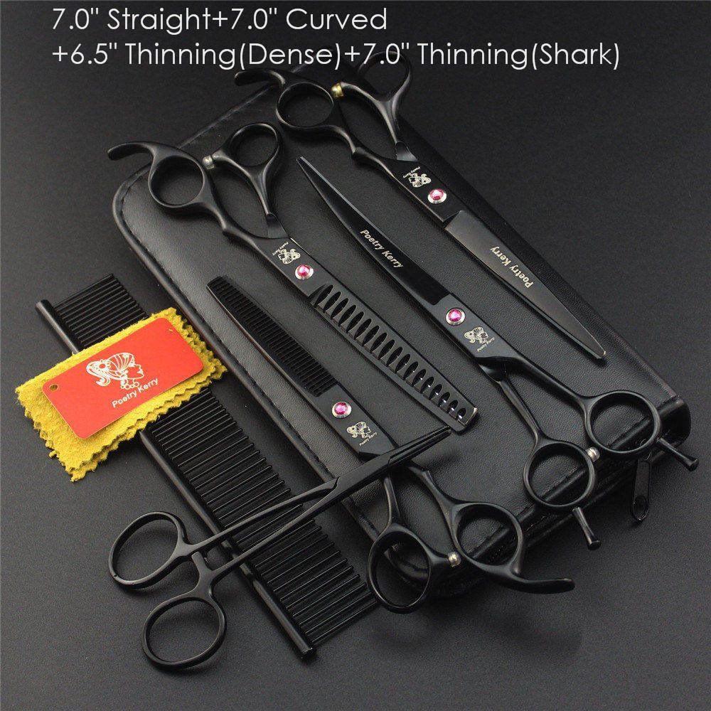 7.0" 8.0 Ch Profional Pet Scissors for Dog Groomg Straight & Thng & Curved Shears FeShark Teeth 4pcsSet +Comb Bag