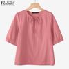 ZANZEA Women Casual Round Neck Loose Short Sleeve Cotton Blouse