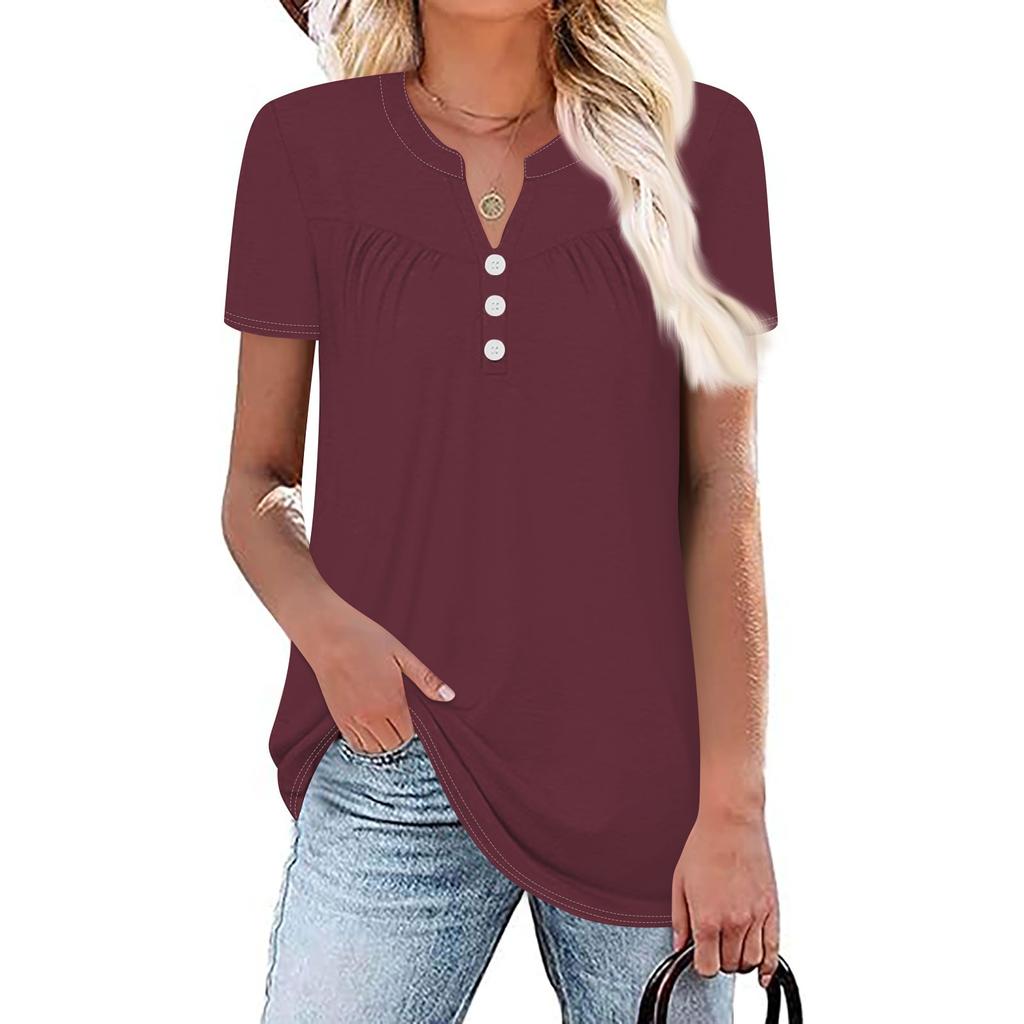 Женский летний плиссированный топ с короткими рукавами и v-образным вырезом, однотонный принт с принтом