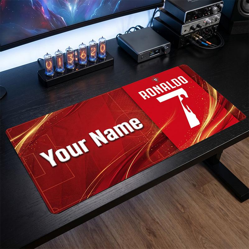 Cristiano Ronaldo Custom Large Mouse Pad, Personalized Name Text Print, Football Logo Non‑Slip Desk Mat Gaming Gift