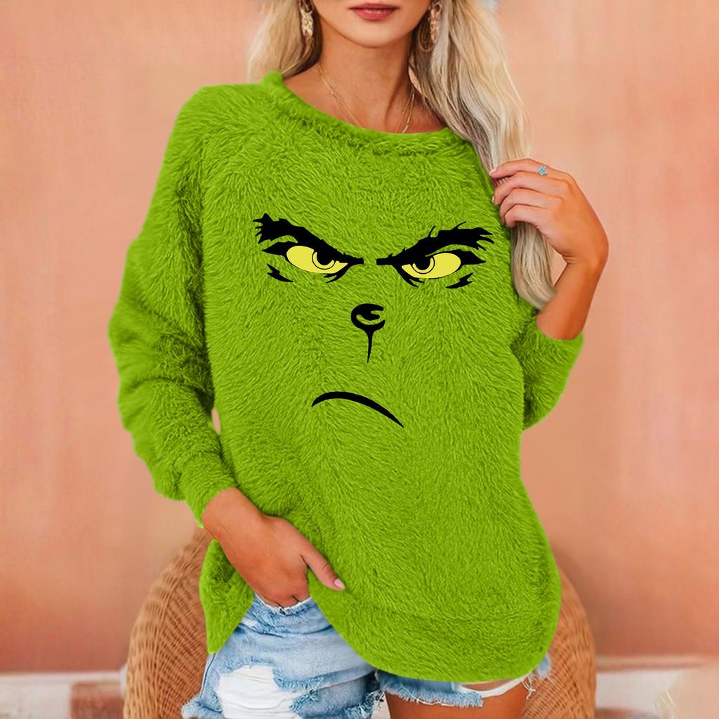 Женский модный пуловер с круглым вырезом, длинными рукавами, рождественским принтом, свободного кроя, плюшевый, теплый