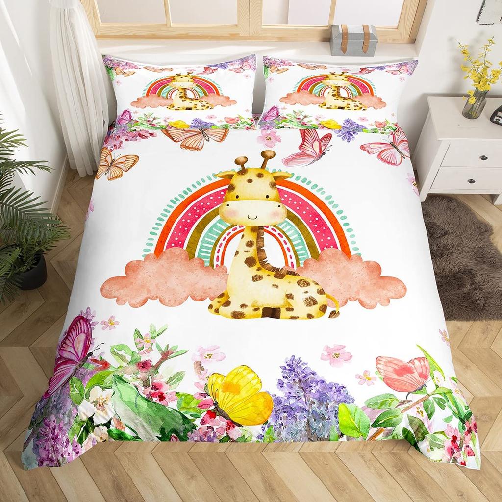 Cartoon Animal Rainbow Duvet Cover Queen Kawaii Elephant Bedding Set Kids Bedroom Decor Quilt Cover Polyester Comforter Cover