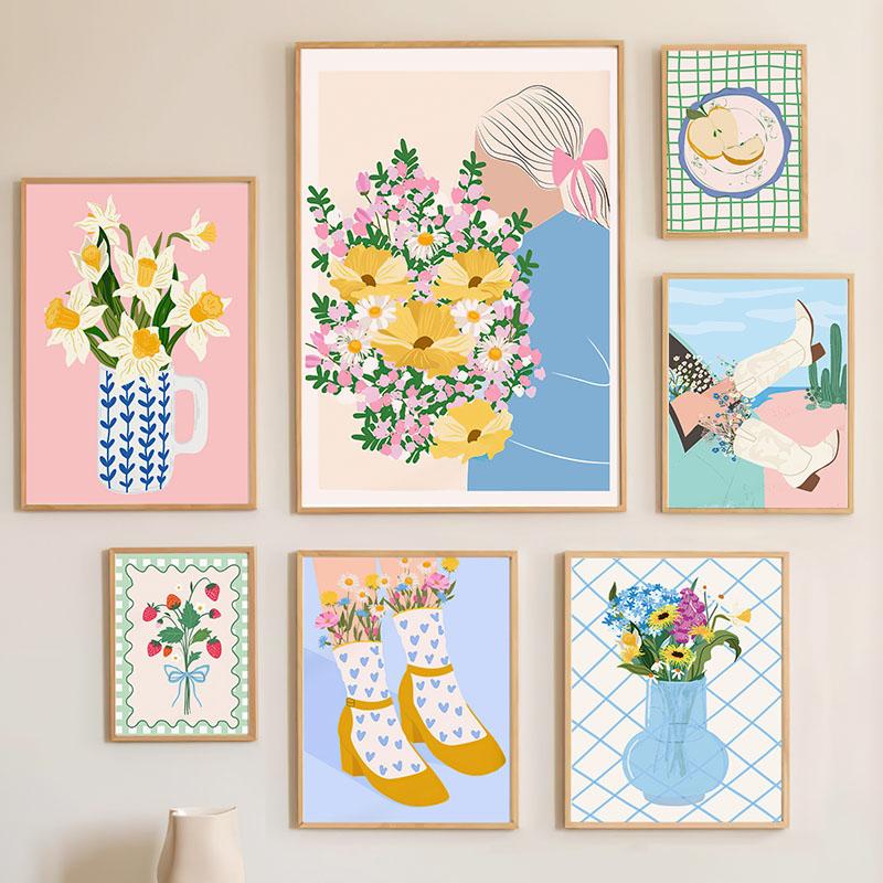 Ретро Цветы Фруктовая Ваза Галерея Красочный Фанки Постеры и Принты Простой Настенный Арт Холст Картина Картинки Для Декора Гостиной